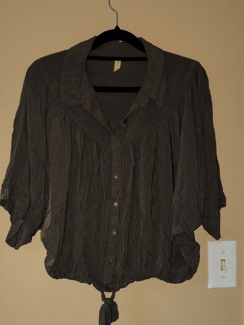 Free People Olive Green Button-Front Tie-Hem Blouse